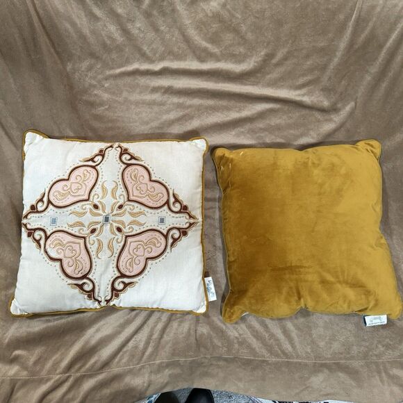 Patina Vie throw pillows yellow velour Pink Heart Embroidery cotton velvet 17" 2 - Picture 2 of 16